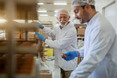 Operarios en una planta alimentaria realizando tareas de control y producción