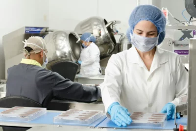 Personal de una pyme alimentaria manipulando producto en planta con controles de calidad y seguridad alimentaria.